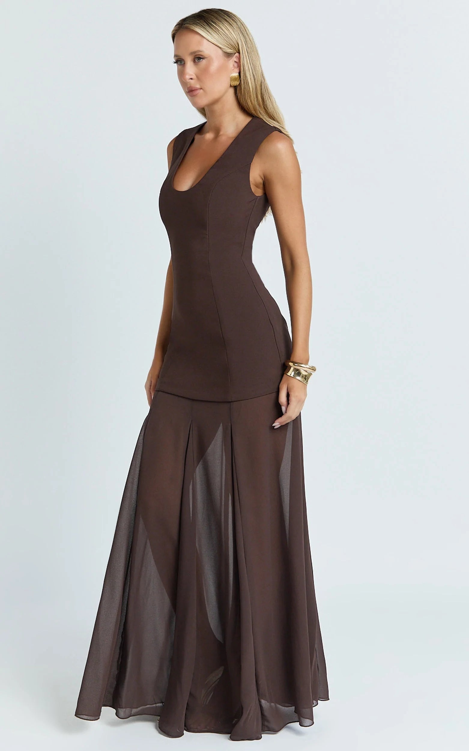 Frances Maxi Dress - Contrast U Neck Godet A Line Dress in Chocolate