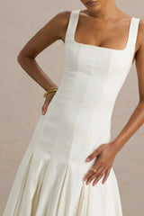 Magnolia | White Scoop-Neck Midi Dress With Drop-Waist And Ruffling Detail