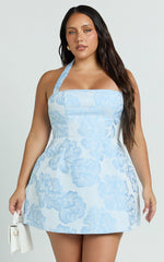 Gabbie Mini Dress - Jacquard Halter Fit And Flare Dress in Blue