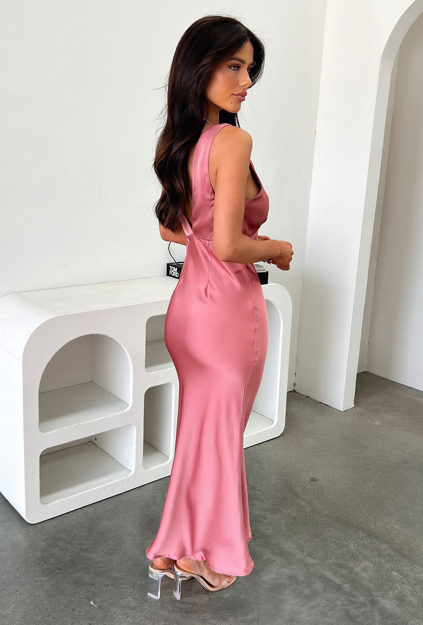 Delayne V-Neck Satin Midi Dress - Rose