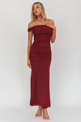 In Blooms Off Shoulder Mesh Midi Dress Wine