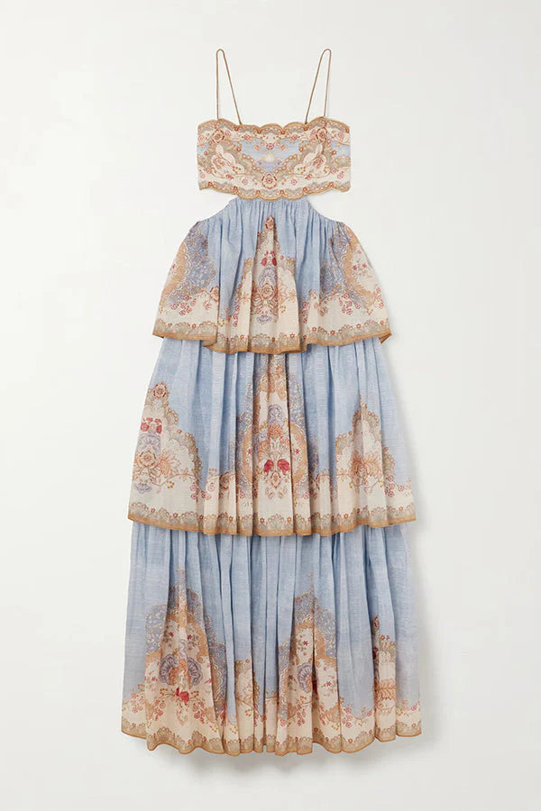 Daylight Unique Print Cutout Waist Back Lace-up Tiered Hem Maxi Dress