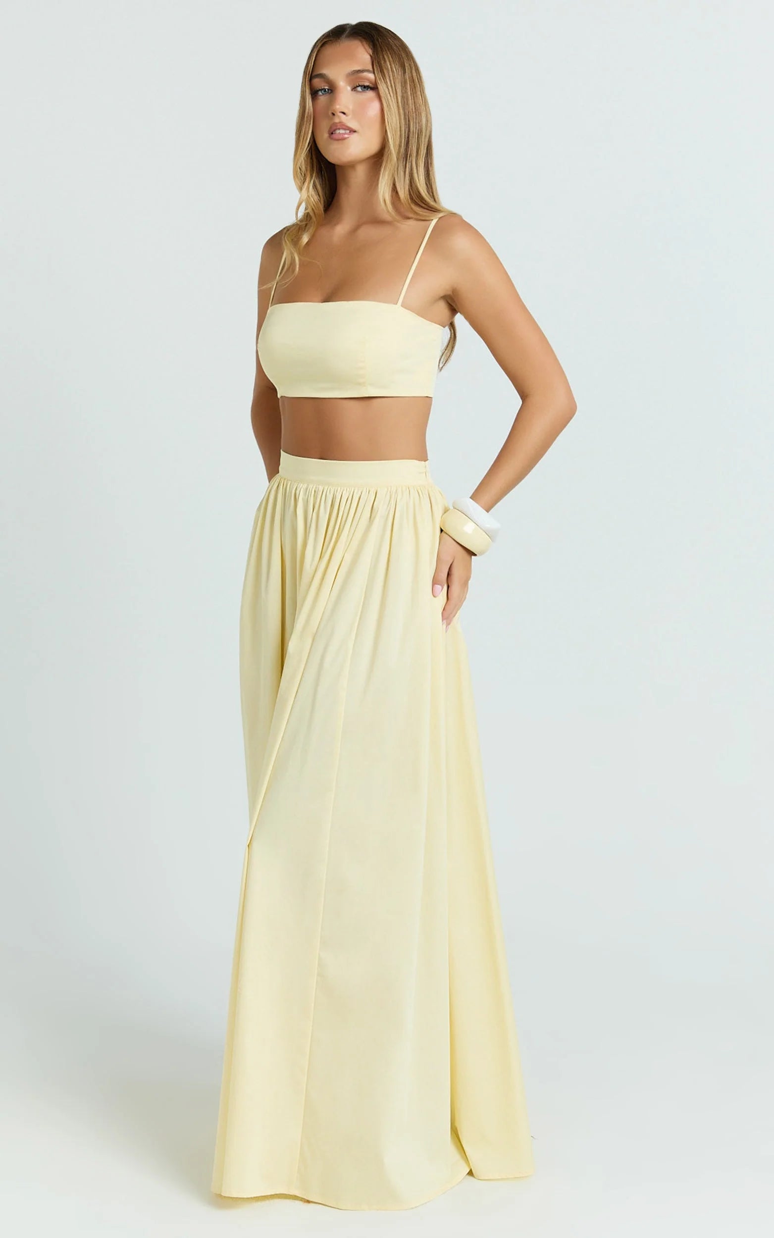 Tegan Two Piece Set - Straight Neck Micro Crop Top and A Line Maxi Skirt Set in Butter Yellow