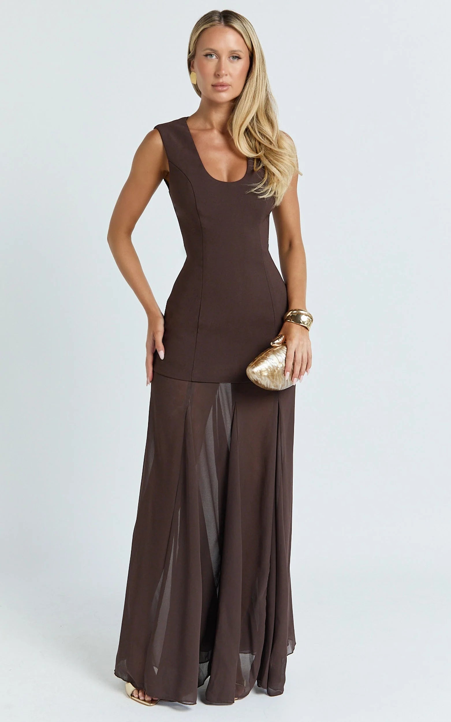 Frances Maxi Dress - Contrast U Neck Godet A Line Dress in Chocolate